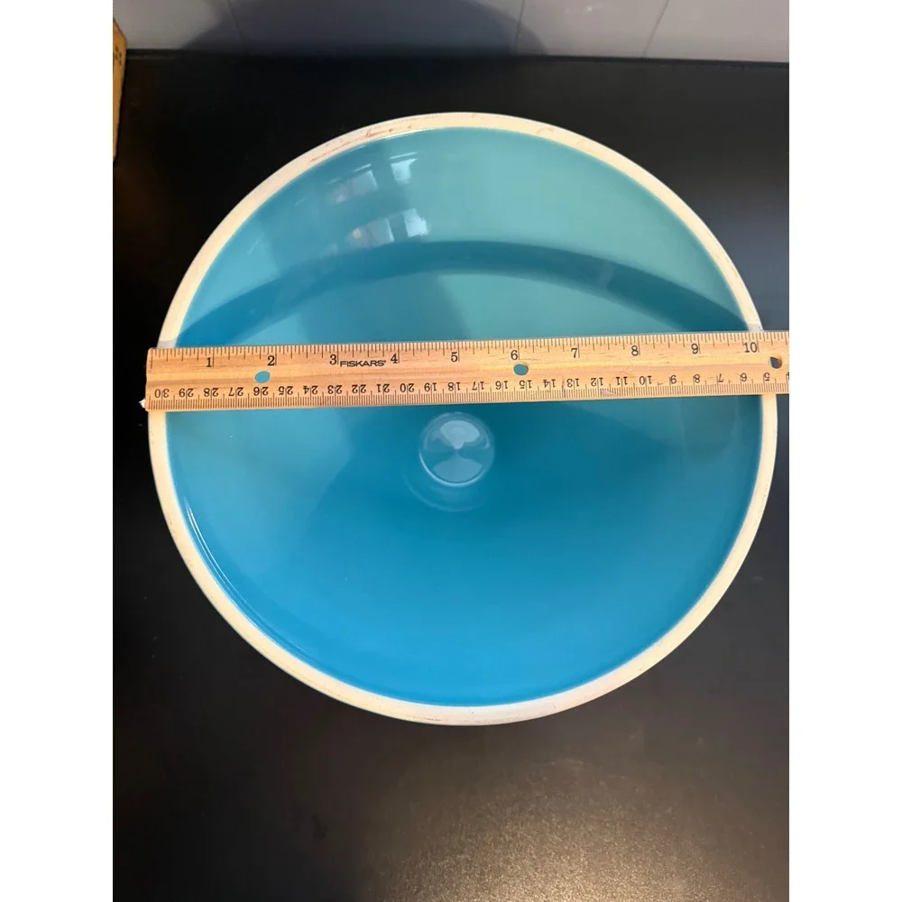 Turquoise Ceramic Pedestal Bowl Embossed Floral Geometric Centerpiece 10in